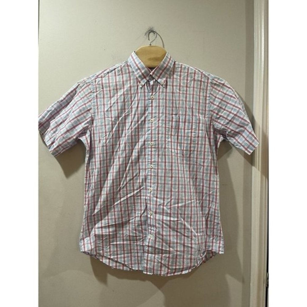 Peter Millar Men's Short Sleeve Button Up Shirt Blue And Pink Large